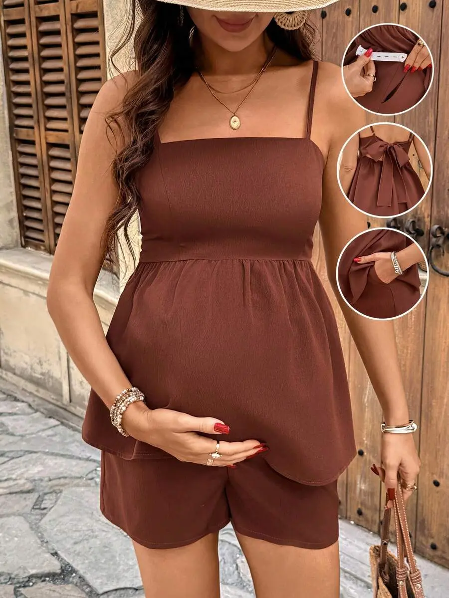 NANCY Maternity Summer 2-Piece Set - Cute Ruffle Hem Camisole & Shorts Outfit for Vacation & Spring Break