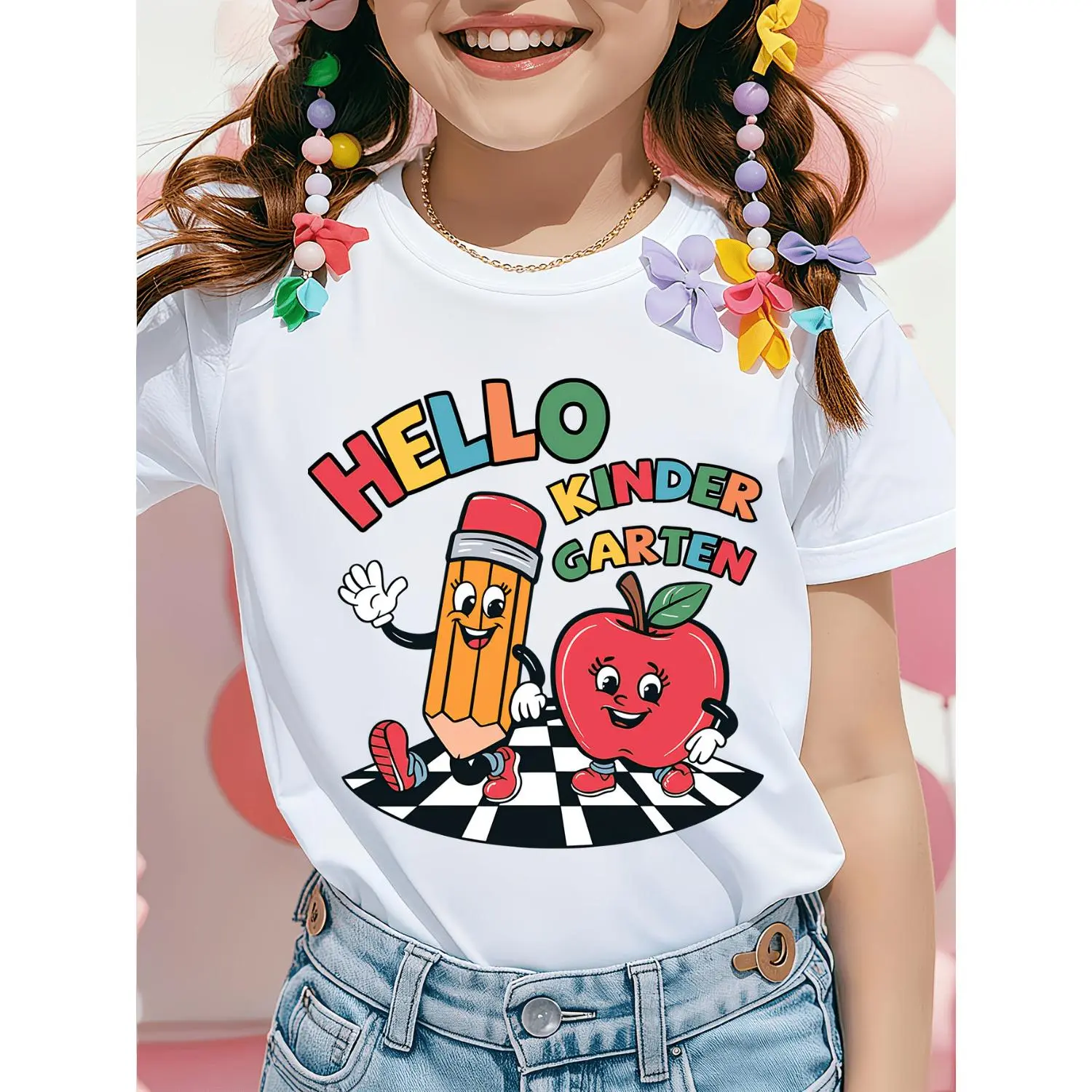 Girls' Fashion T-Shirt, Comfortable and Breathable, Soft Short Sleeves, New Spring/Summer Back-to-School Season Style, Fashionable Printed T-Shirt for Kindergarten Daily School Outfits, Girls' Apparel, Suitable for Adorable Girls