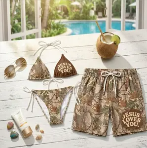 Hot Summer 2026 Matching Couple Swimwear Set, Jesus Loves You Camo Bikini Set & Men Hawaiian Beach Shorts