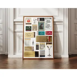 [Sale off up to 50%] Gold Vintage matchbook poster, retro matches wall art, funky matchbox collage poster, bar cart decor, fashion print, gold aesthetic, dopamine