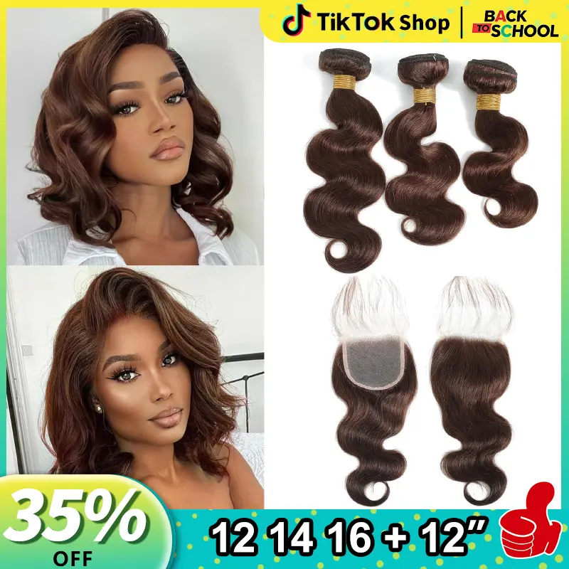 summervibes Brazilian Body Wave Bundles with Closure (12 14 16+12) grossy hair bundles 10A Light Brown Body Wave Human Hair Bundles with Lace Closure Raw human hair bundles Brazilian Virgin Hair 3 Bundles with Lace Closure with Baby Hair