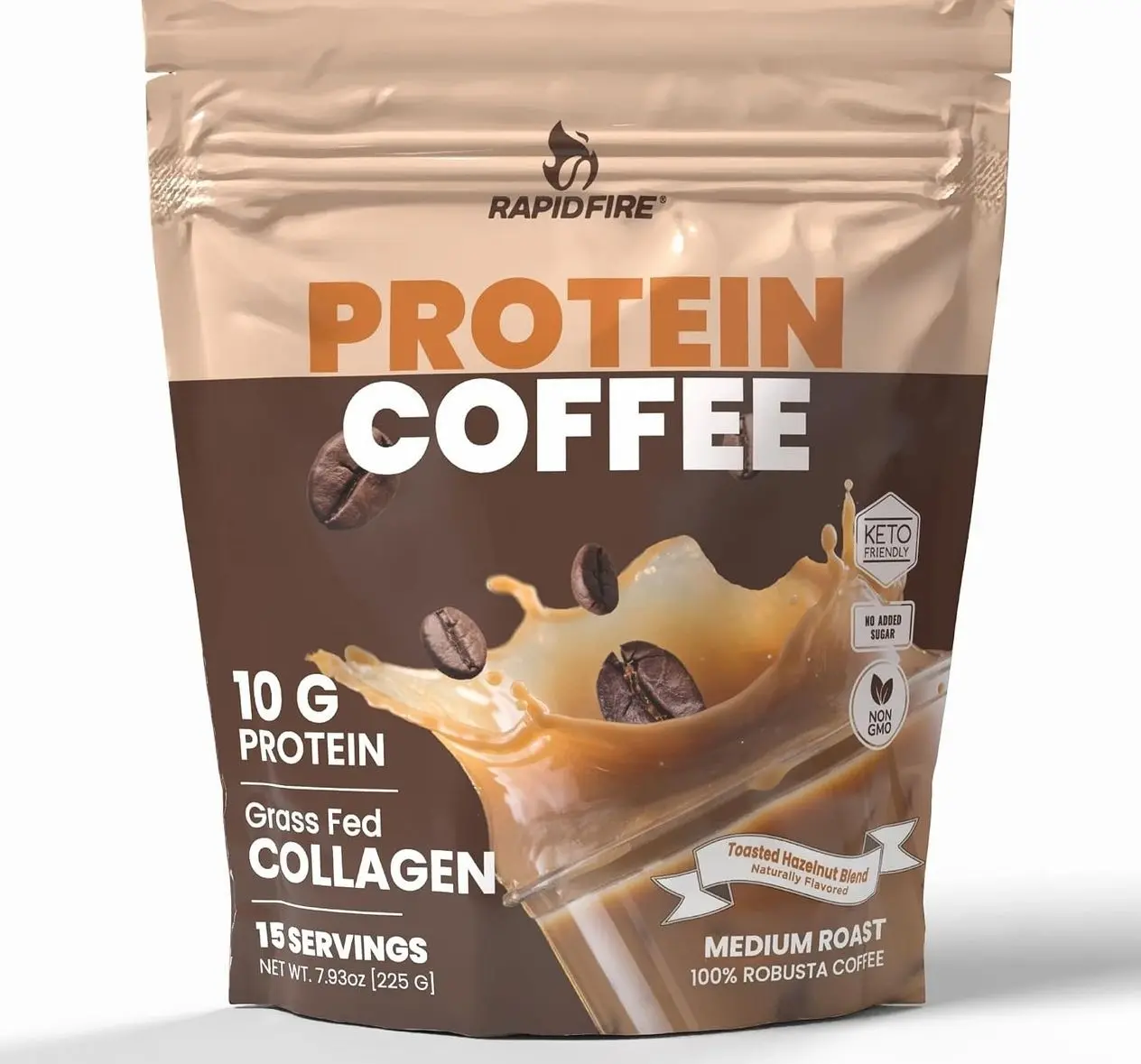 Protein Coffee, with 10g of Protein with Collagen, Promotes Muscle Growth, Supports Energy, Hot or Cold, Keto Friendly, 100% Robusta Coffee, 15 Servings, Hazelnut Flavor, Medium Roast