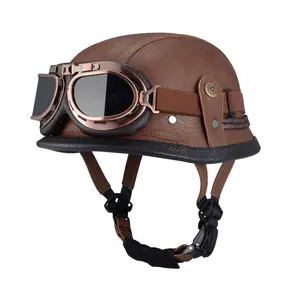 Quickool Moto DOT Vintage Leather German Helmet w/ Free Goggles Low Profile Chopper Cruiser Scooter Biker Men Women