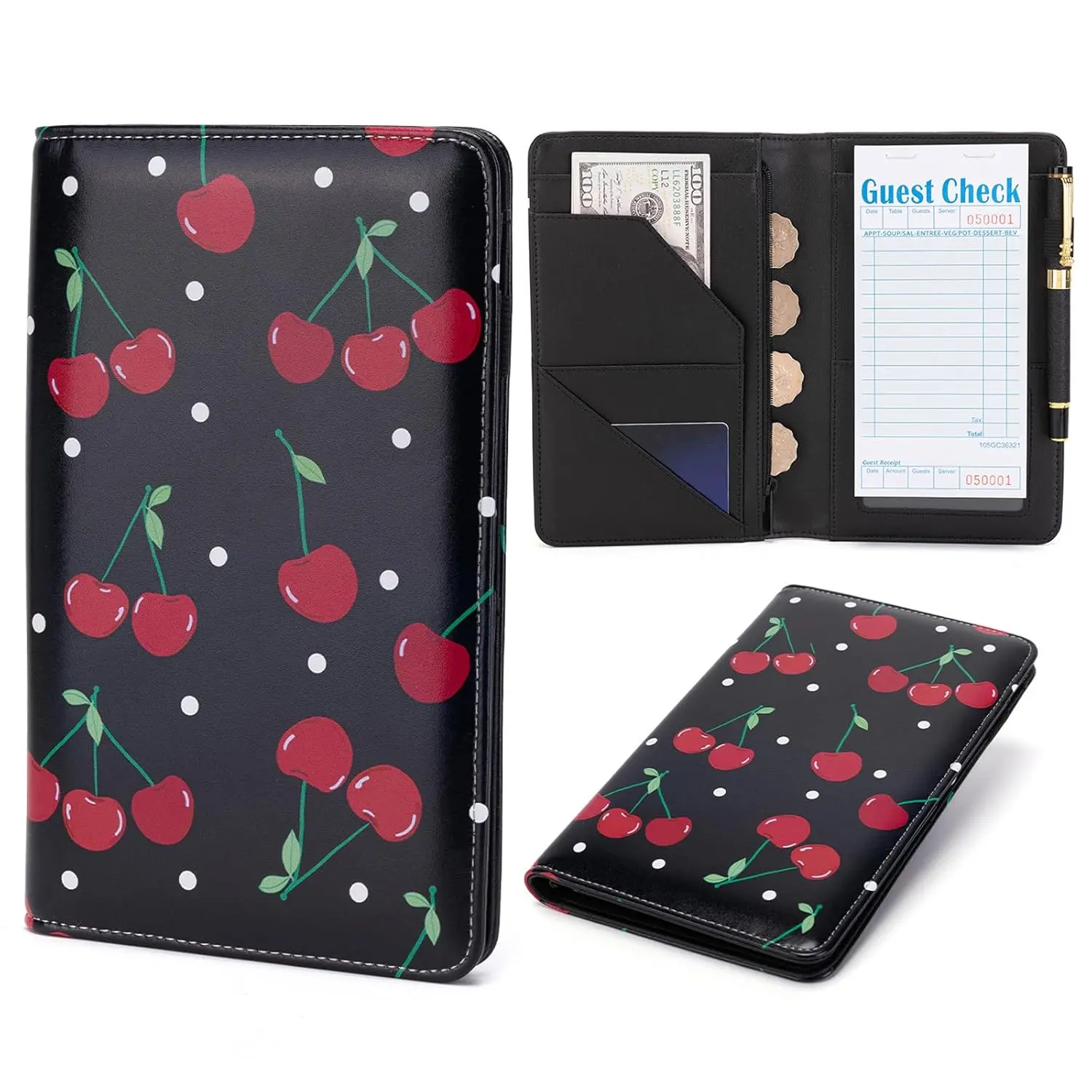 Server Book, Server Books for Waitress, Leather Server Book with Zipper Pocket, Cute Server Book, Waitress Book Fit Server Apron (Black Cherry)