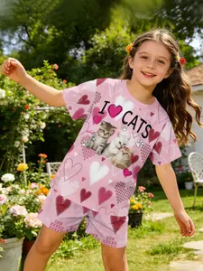 Three cute cats with light pink base and love pattern digital printing set, a sweet and lovely casual outfit, suitable for daily and outdoor sports T-shirt and shorts set, a perfect gift for girls