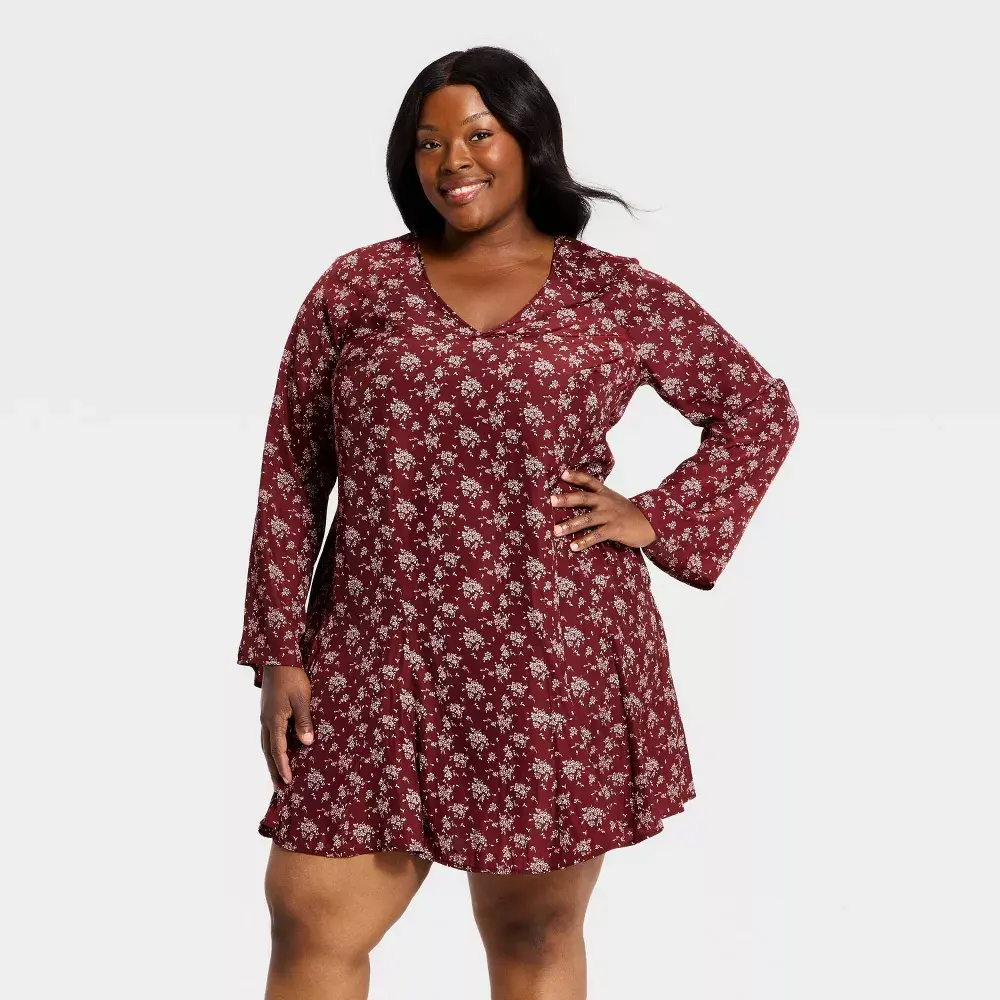 Women's Universal Thread Polyester Casual Chic Pullover Bell-Sleeve V-Neck Mini A-Line Burgundy Floral Dress