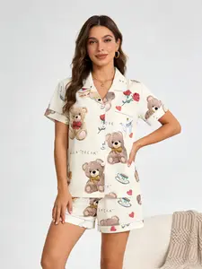 Lazy Style Cream Teddy Bear Pajama Set Women, Button Down Short Sleeve, Spring Summer Loungewear, All-over Teddy Print, Loose Fit Homewear