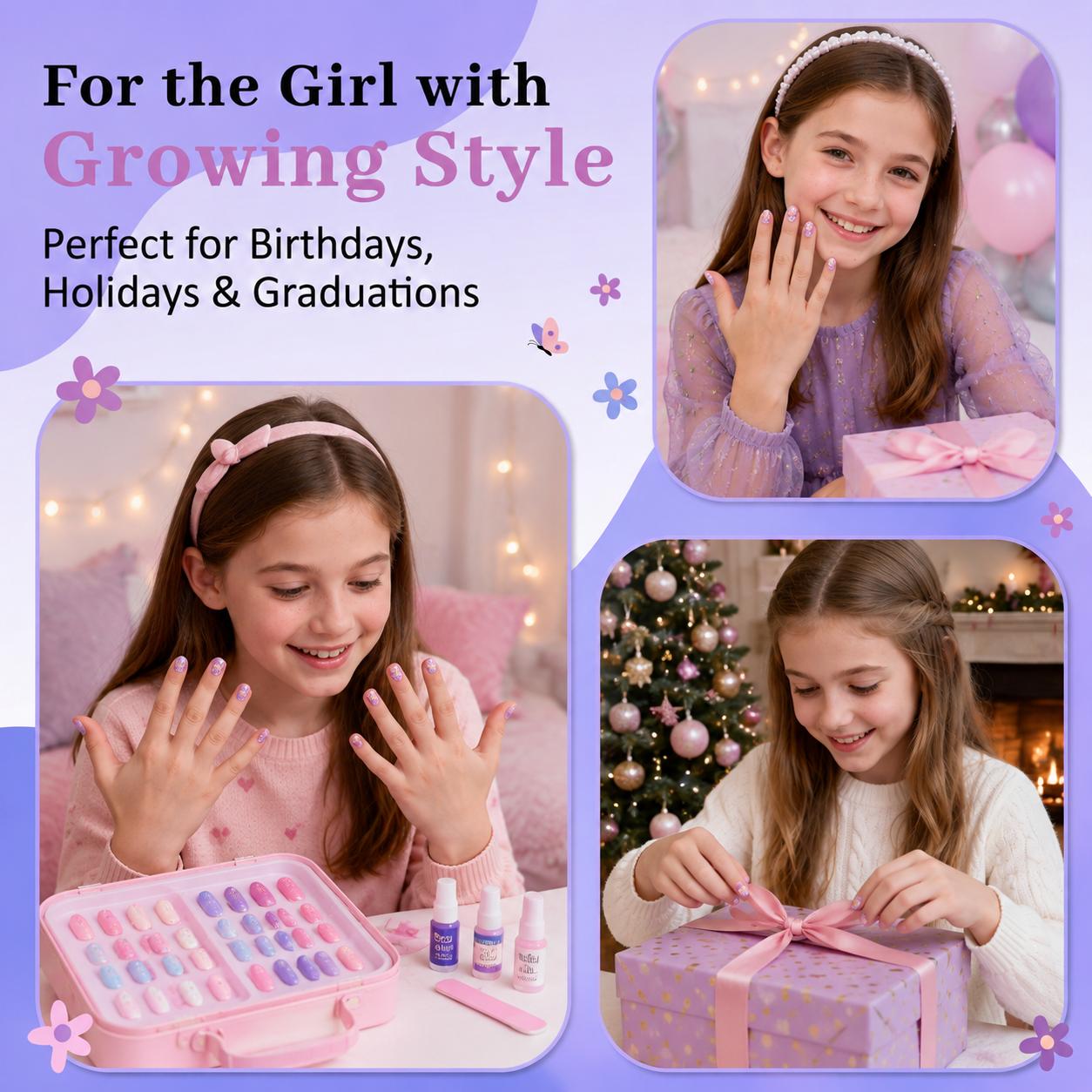 Kids Press On Nails Kit, 6 Pack 144PCS Colorful Flower Fake Nail Tips for Girls Ages 4-12, Almond Shape Nail Set with Jelly Glue & Nail Adhesive, Birthday Gifts & Holiday Surprises