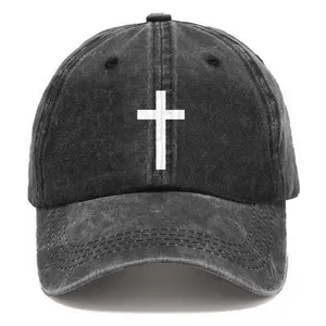 Cross Washed Cotton Hat Christian Faith Religious Style Cap 100% Cotton Denim Fabric Breathable Tag Free Design with Embroidered Cross for Daily Wear