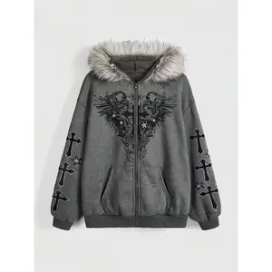 Women’s Velvet Hooded Sweatshirt with Printed Pattern, Long Sleeves, Fitted Pullover, Vintage Outerwear, Street Fashion, Trendy Style