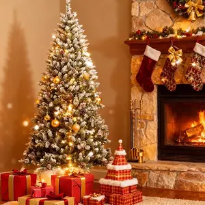 Snow Flocked Artificial Christmas Tree, Pre-Lit Christmas Tree with Pinecones, Xmas Trees with Hinged Structure & Foldable Metal Stand, Easy Setup for Holiday Decor