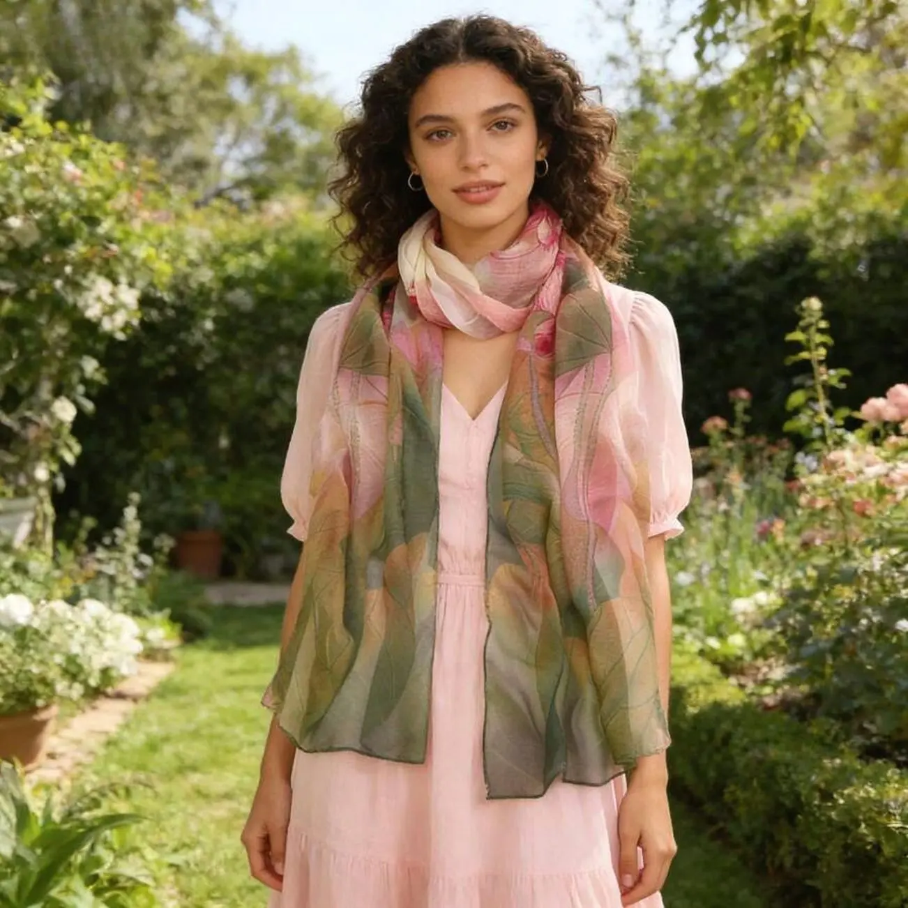 Women's 100% Mulberry Silk Long Scarf, Soft Luxury Floral Shawl, Watercolor Lotus Print, Lightweight Breathable Wrap, Head Scarf, Neck Scarf, Spring Summer Fashion Accessory