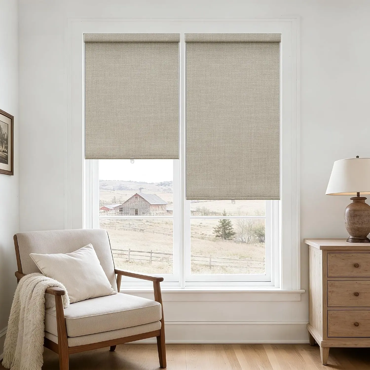 100% Blackout Cordless Roller Shades Free-Stop Blinds with Valance UV Protection for Indoor Bedroom Bathroom Living Dining Room Windows Beige Oatmeal W26xH72