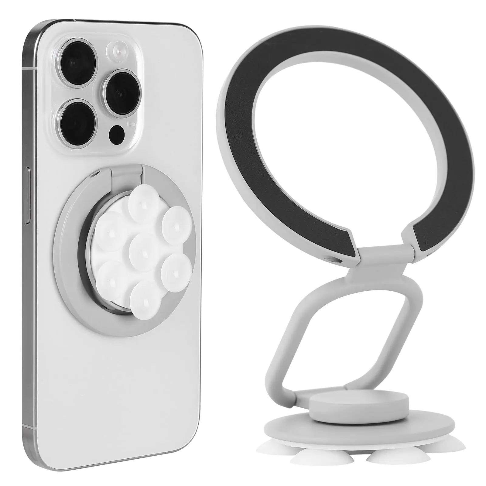 Magnetic Phone Holder, Multifunctional Phone Stand With Suction Cup, Ring Mount, Magnetic Ring Mount, Compatible With IPhone 16/15/14/13/12 Series And MagSafe Cases (gray)