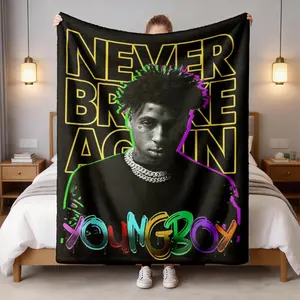 youngboy Never Broke Again Neon Gradient Rapper Theme Flannel Throw Blanket, Large Size, Soft Lightweight Warm, Perfect for Bed Sofa Office Camping Travel