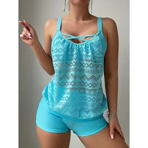 Two-Piece Tankini with Cross Strap And Hollowed-Out Flat Shorts