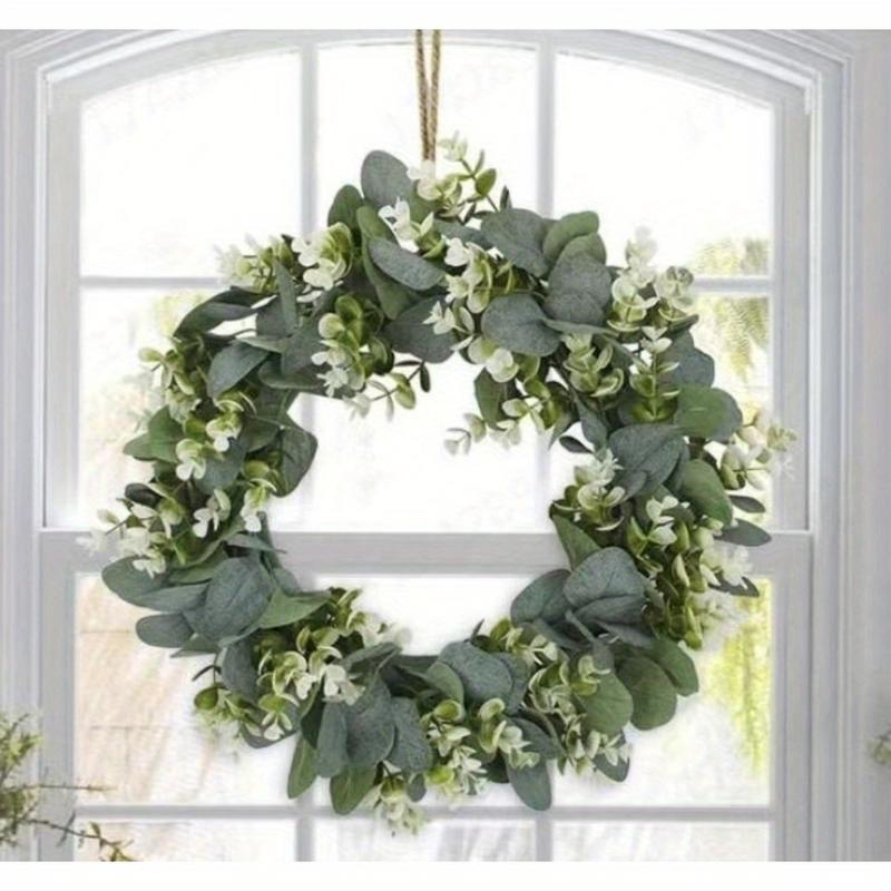 15'' Artificial Eucalyptus Wreath with Flowers Faux Green Leaves Eucalyptus Wreath for Front Door Wall Festival Celebration Window Party Decor Ornaments