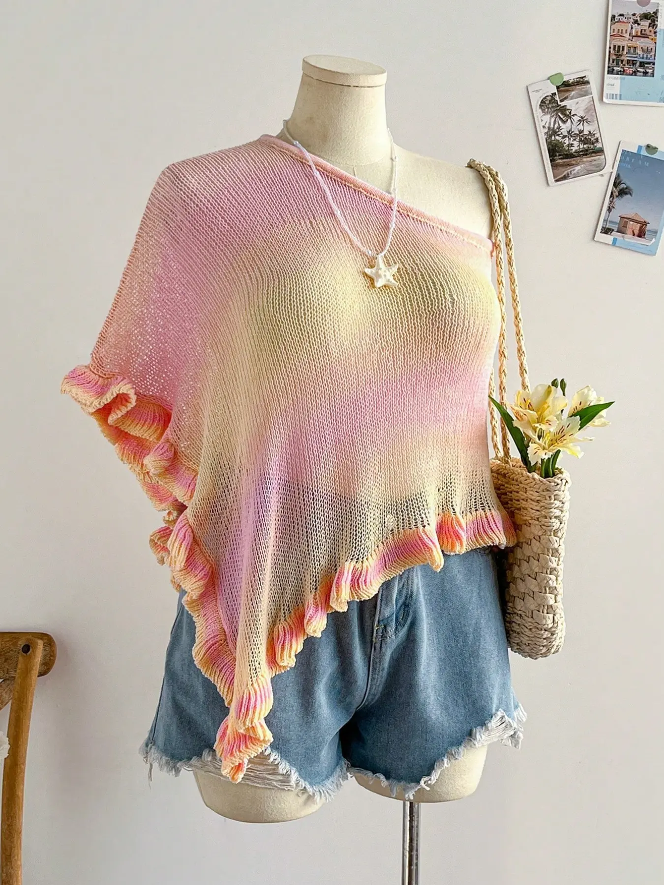 Trendy Women's Gradient Striped Knitted Shawl, Drop Shoulder Design, Vacation Casual Commute Wear, Summer Air Conditioning Room Hooded Scarf, Shawl Poncho, Casual Soft Scarf, Loose Knit Shawl