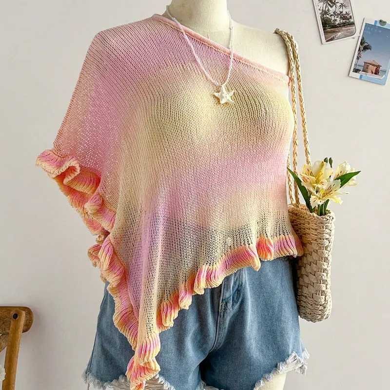 Trendy Women's Gradient Striped Knitted Shawl, Drop Shoulder Design, Vacation Casual Commute Wear, Summer Air Conditioning Room Hooded Scarf, Shawl Poncho, Casual Soft Scarf, Loose Knit Shawl, Fashion Knit Shawl