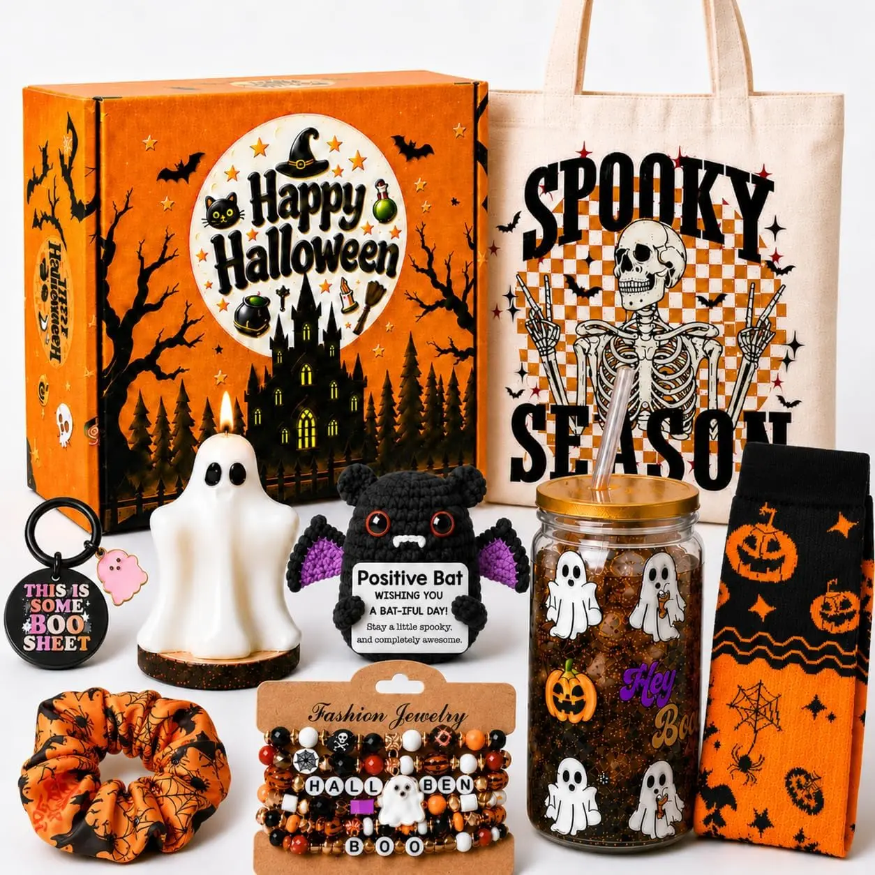 Halloween Fall Gifts for Women, Boo Basket with Pumpkin & Ghost Cup Socks, Cute Spooky Halloween Gift Set for Her, Sister, Friend, Fun Pumpkin-Themed Gift Basket Stuffers