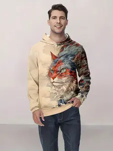 Men's Royal Cat 3D Print Hoodie, Casual Long Sleeve Pullover, Spring & Fall Fashion, Loose-Fitting Geometric Pattern, Perfect for Outdoor Wear, Hot Trending Hoodies, Graphic Print Hoodie