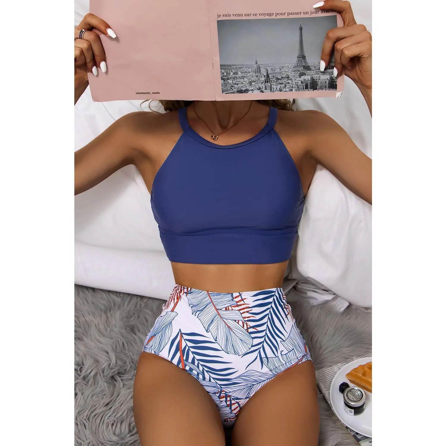 Brown Tropical Print Back Split Color Block High Waisted Swimsuit