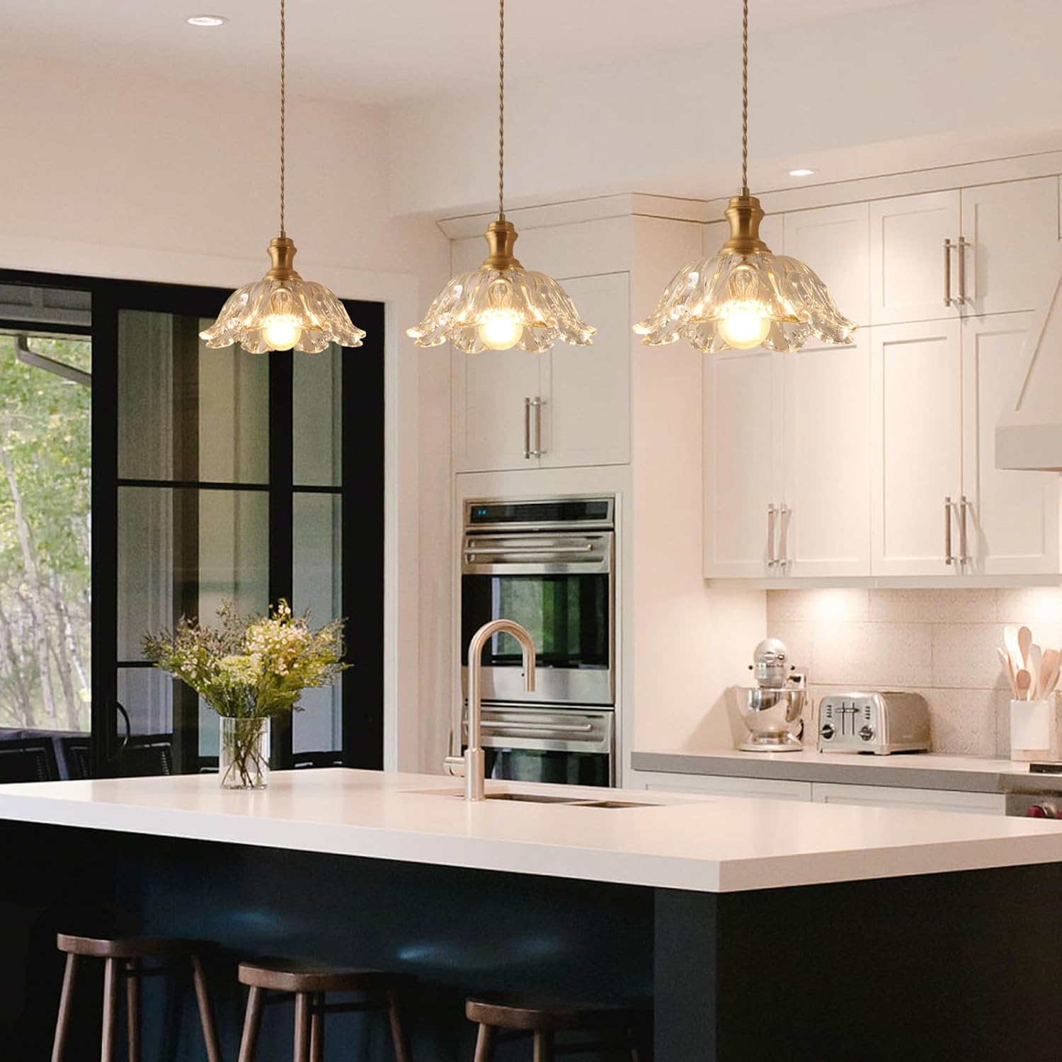 Gold Glass Pendant Lights, 10.6" 1-Light Vintage Hanging Light Fixtures with Flower Clear Glass Antique Brushed Brass Pendant Lighting for Kitchen Island Sink Dining Room