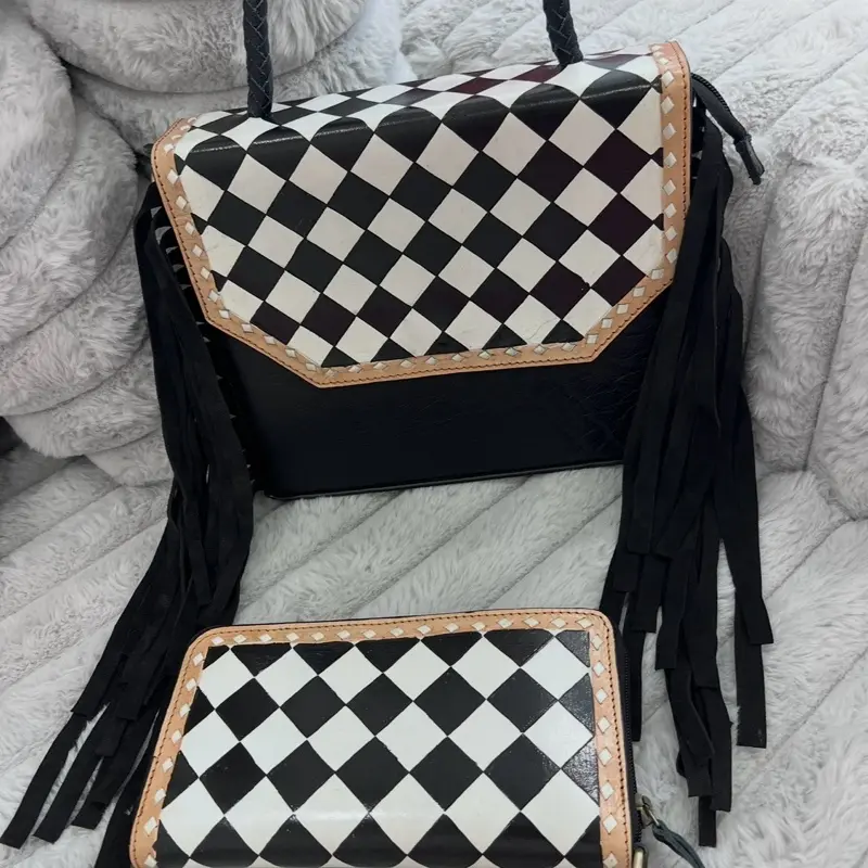 Leather Fringe Handbag with White-and-Black Checkered Pattern, Matching Wallet