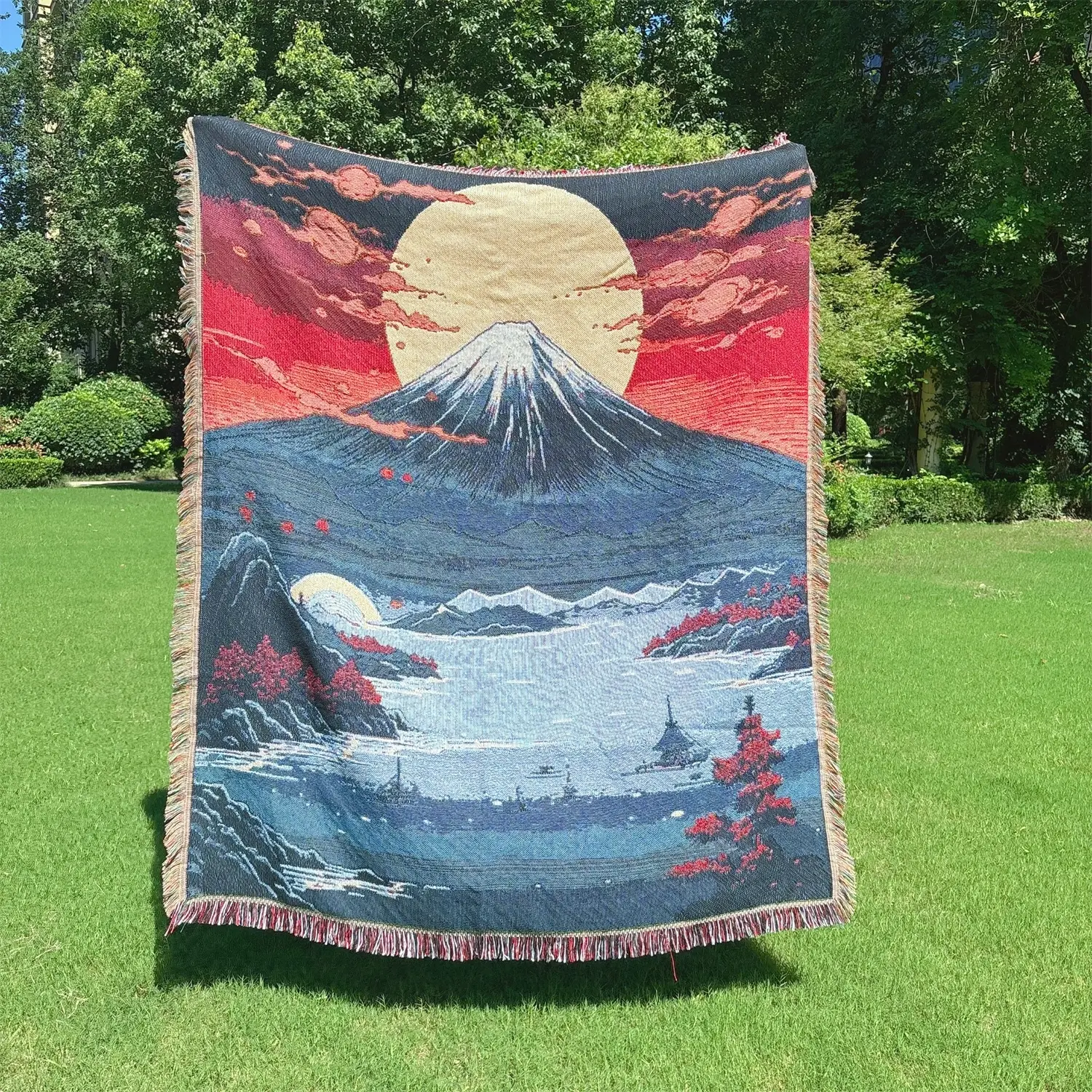 Mount Fuji landscape pattern Pattern Bohemian Style Woven Tassel Trim Throw, Portable Thickened & Tear Resistant Blanket for Bed, Sofa, Beach