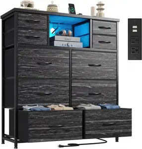 Raybee Dresser with 10 Fabric Drawers, Entertainment Center with LED Lights & Charging Station, Multi-Functional Storage Organizer with Unit Open Shelves, Modern Home Decoration Cabinet for Bedroom, Living Room, Dorm, Hallway, Easy Assembly