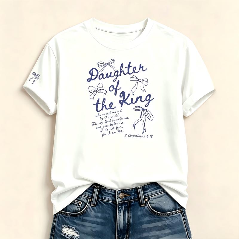 Women's Soft Elegant Gradient Light Blue Bow Printed Shortsleeve Cotton Crewneck T-Shirt - 2 Corinthians 6:18 Front & Sleeve Quote, Coquette Christian Faith Casual Tee for Lady Daughter