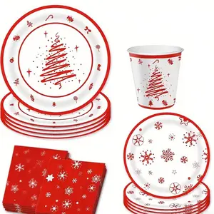 Festive Party Supplies Set, Festival Party Tableware for Christmas & New Year Celebrations, Includes Paper Plates Cups Napkins Cutlery, Tree Snowflake Design