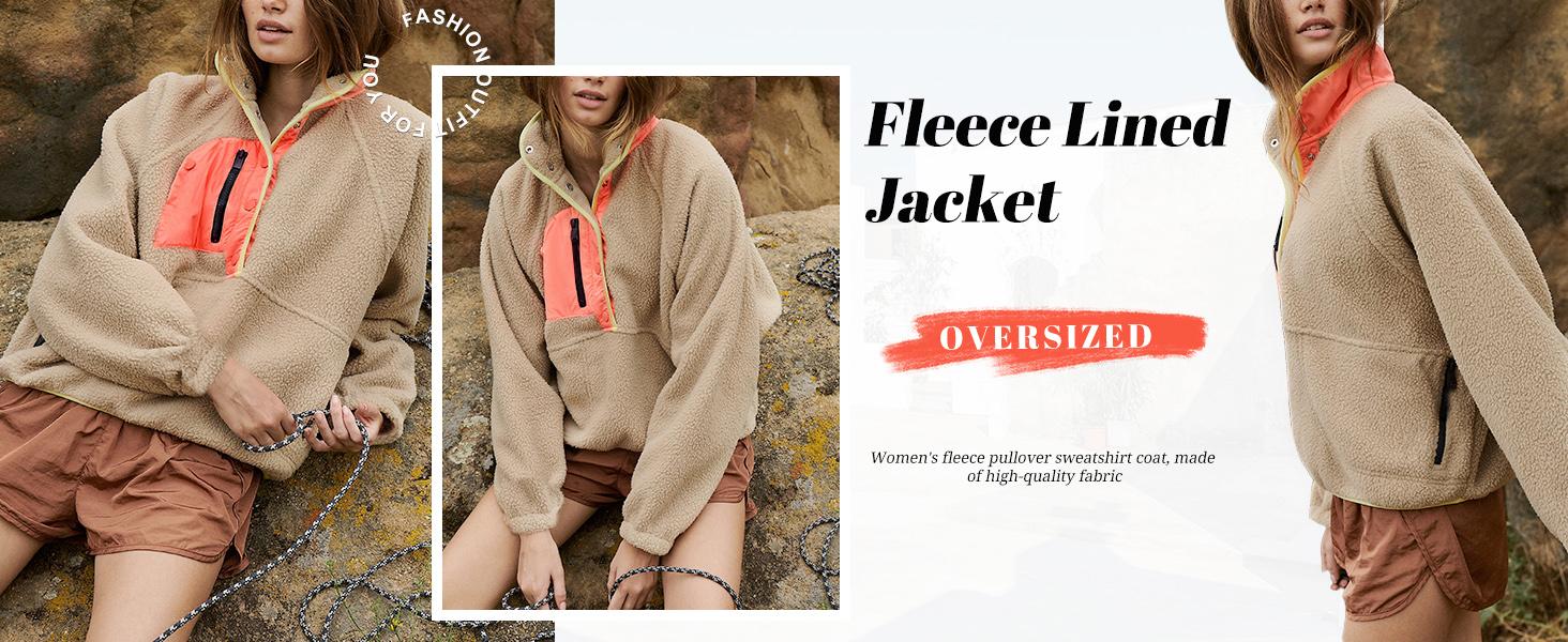 Mundoven Womens Fuzzy Fleece Pullover Sherpa Sweatshirt Long Sleeve Button Down Sweater Winter Fleece Jacket with Pockets Womenswear