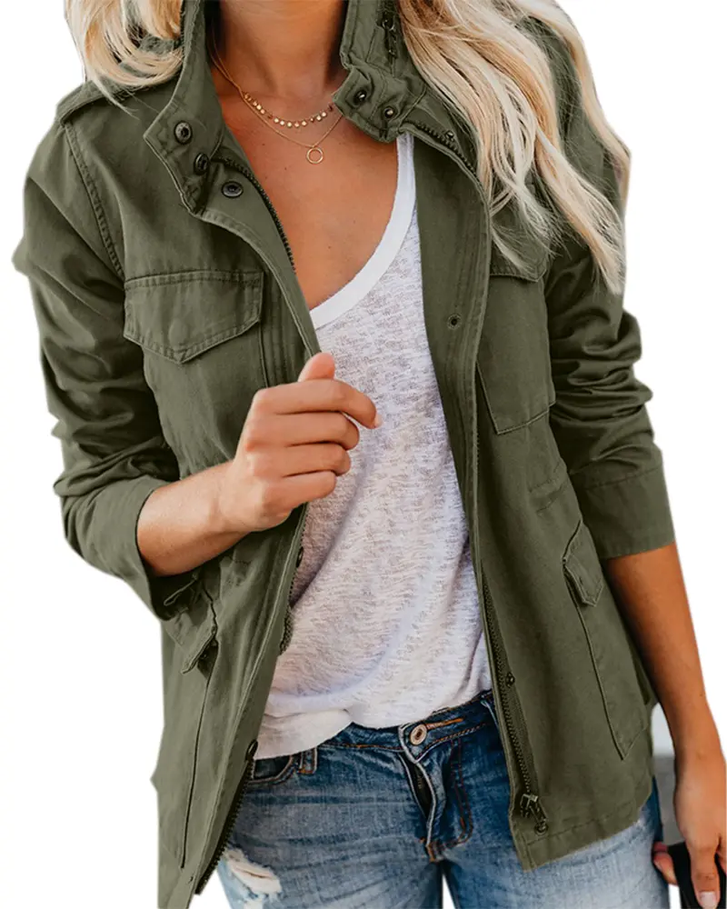 Women's Casual Military Anorak Jacket - Long Sleeves, Hood, Pockets, Zip-Up Snap Closure for Lady, Longsleeves, Tops, Coats, Basic, Full Sleeves, Military Look, Comfortable, Button, Polyester, Snap Button