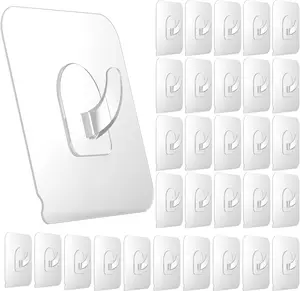 30 Pack Adhesive Hooks for Hanging, 22lb Heavy Duty Wall Door Hooks, Clear Plastic Sticky Hanging Hook for Home Kitchen Bathroom Office Use