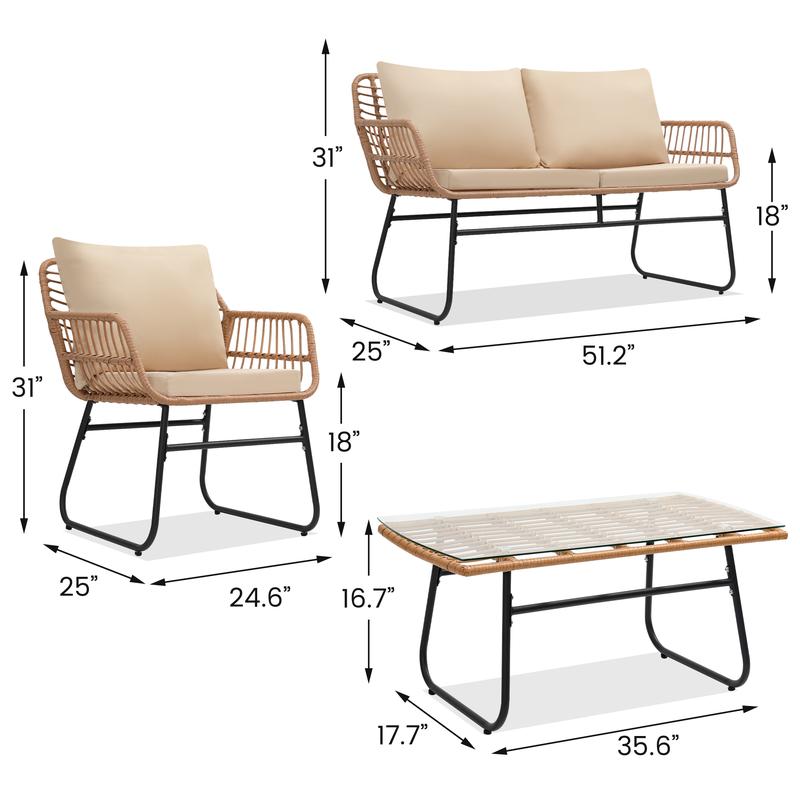 4 Piece Patio Bistro Outdoor Furniture Set, Wicker Sofa, 2 Rattan Chairs, and Table, Backyard Conversation Set, All Weather Cushions, Natural Rattan Beige Cushion ，outdoor furniture