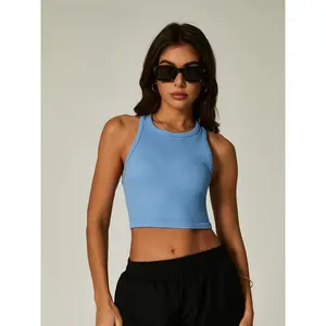 Women's Ribbed Sports Tank Top Cropped Off Shoulder Racerback Slim Fitted Sleeveless Layering Yoga Top