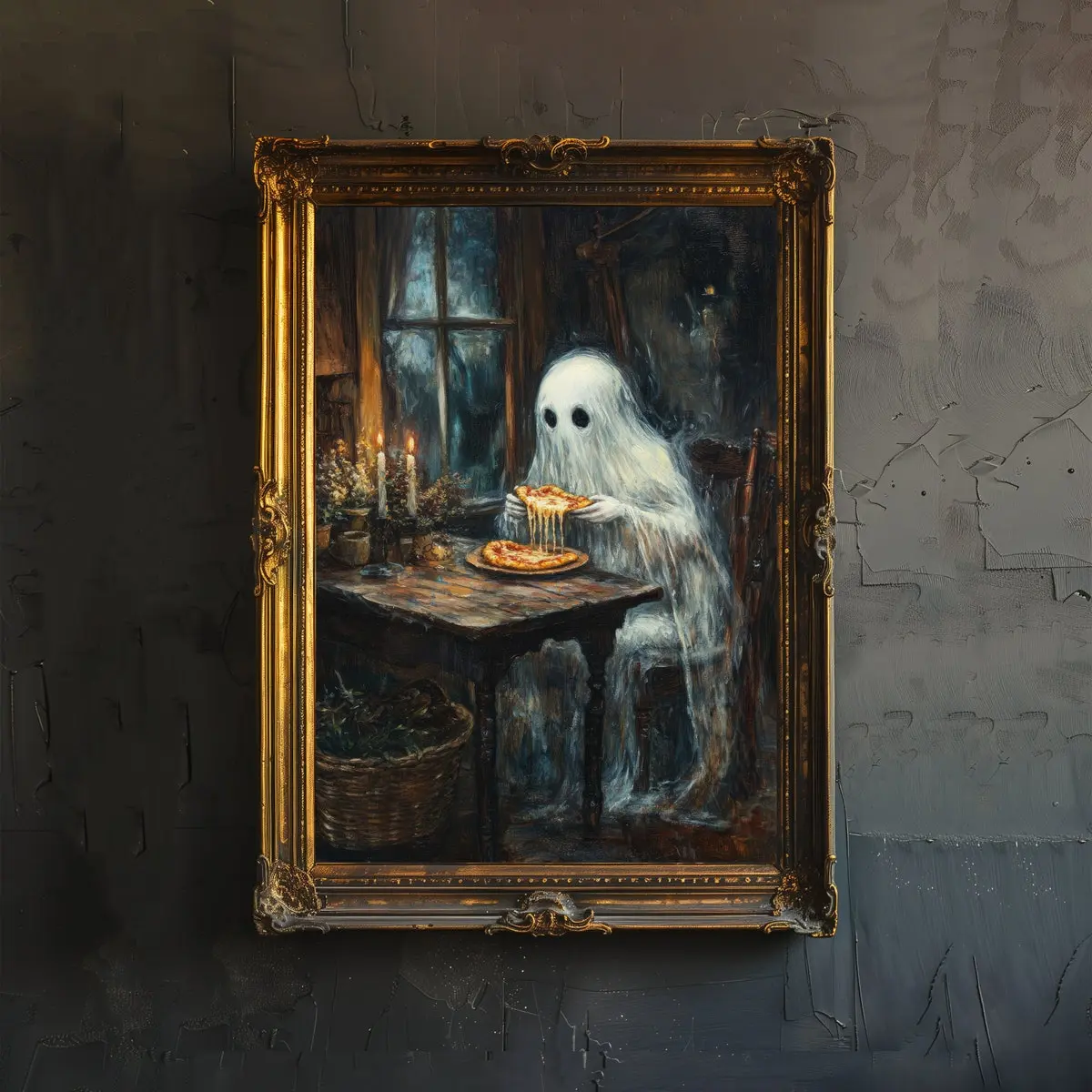 Ghost Eating Pizza Print Spooky Art Dark Academia Whimsical Decor Gothic Home Decor Antique Illustration Halloween Poster Rustic Vintage