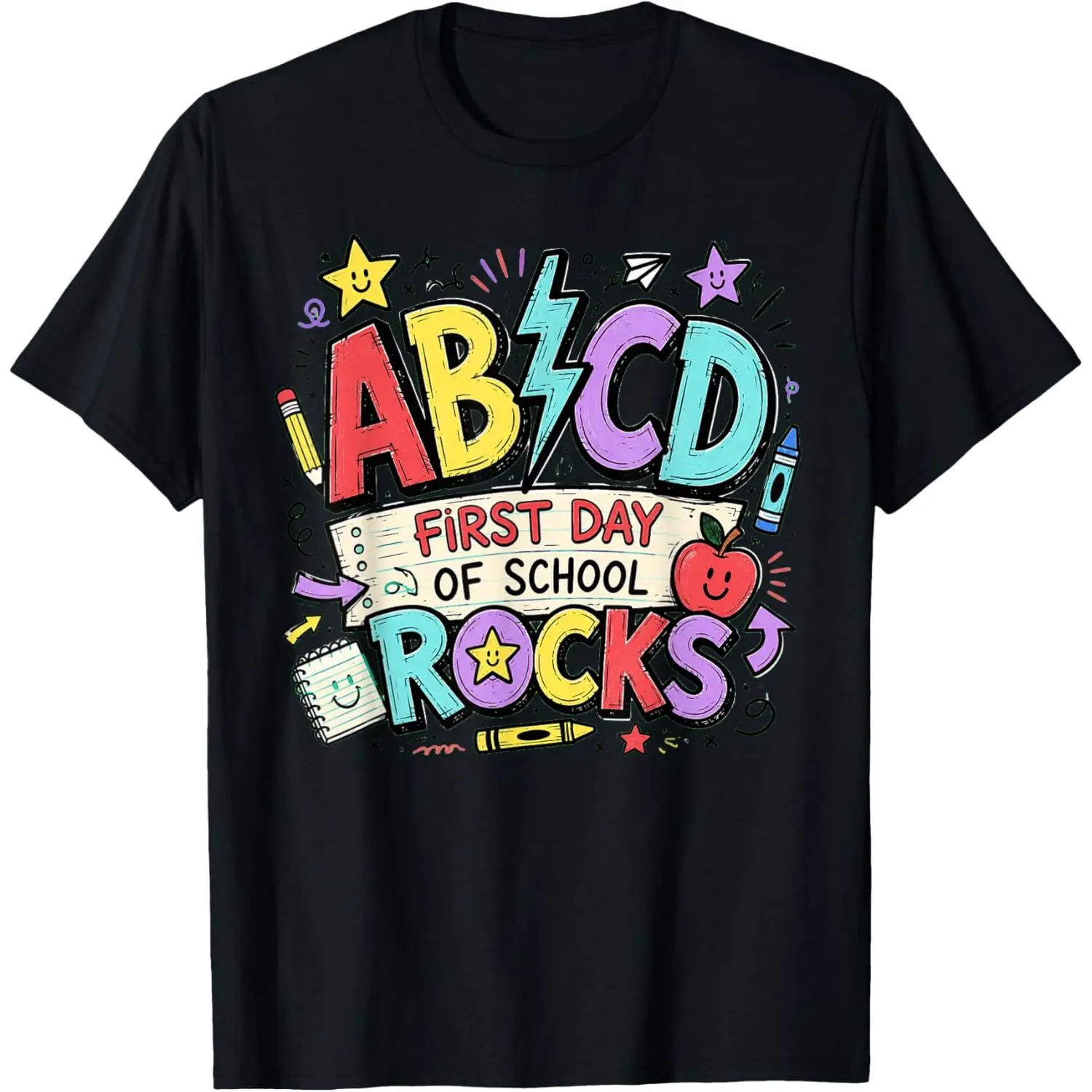 Women's 100% Cotton Round Neck Short-Sleeve Casual Graphic T-Shirt, ABCD First Day of School Rocks Retro Teacher Slogan Everyday Top