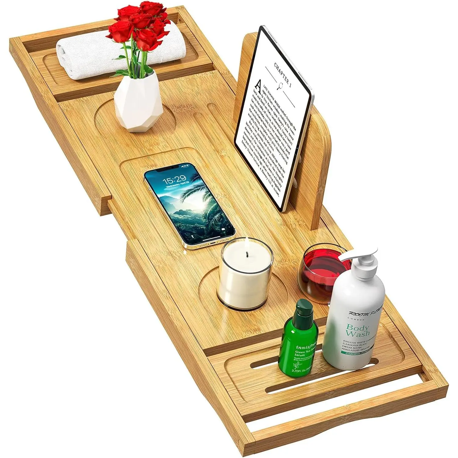 Bamboo Adjustable Bathtub Tray Caddy - Expandable Bathroom Gadget Table That Fits Most Bathtubs