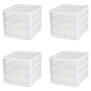 Sterilite 3 Clear Drawer Desktop Storage Unit Home Tabletop Organizer, 4 Pack Boxes Plastic