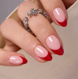Curvlife medium almond  pearl Gel Press On Nails french red glossy shiny for winter Nail Art 2 Week Wear