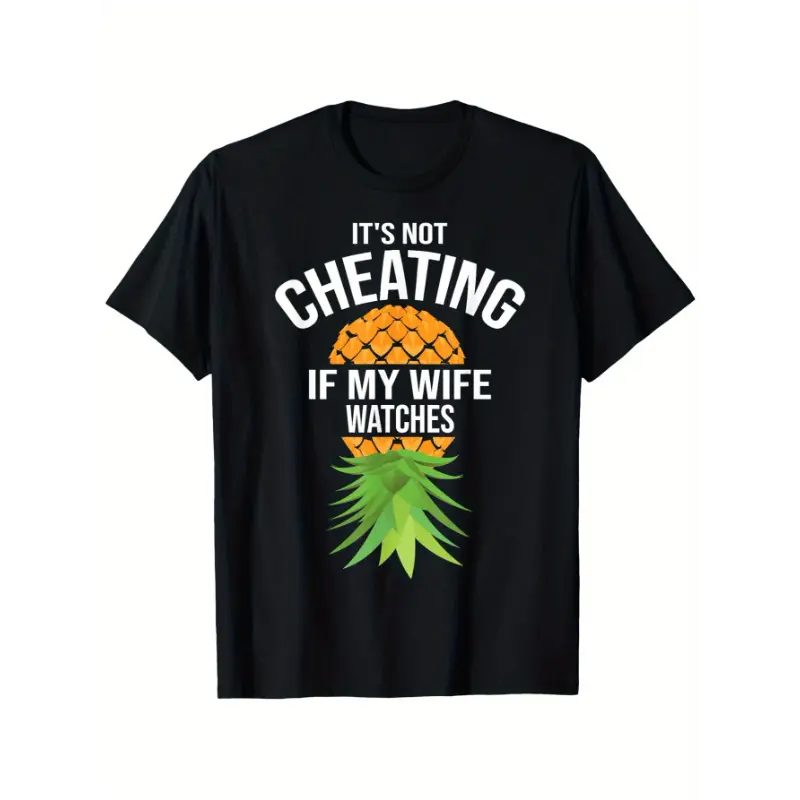 Men's Minimalist 100% Cotton Short-Sleeve Round-Neck Slightly Elastic Pineapple Graphic Menswear Top, Playful "It's Not Cheating If My Wife Watches" Fabric T-Shirt (Unisex Casual Pineapple Top Men's Short-Sleeve T-Shirts)