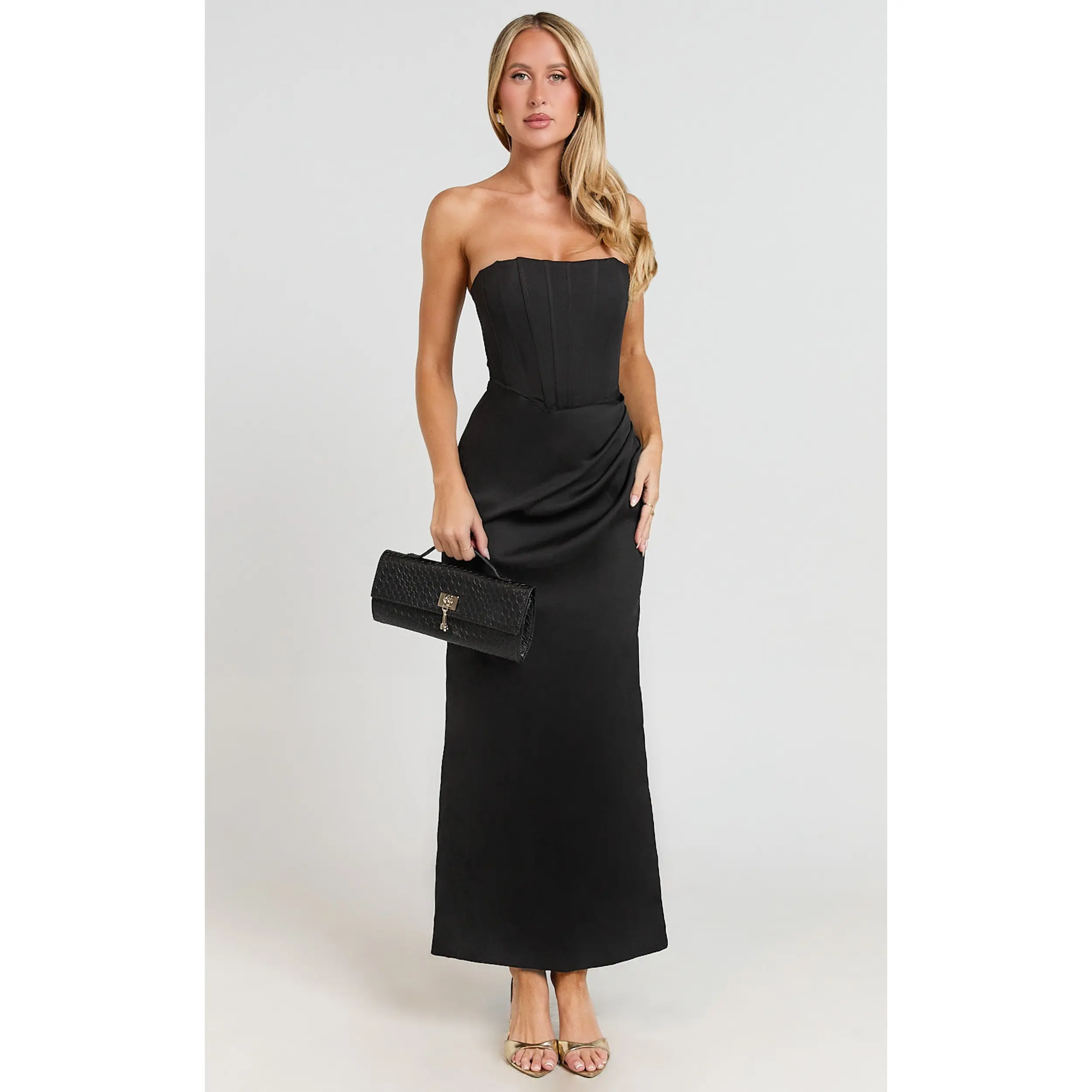 Avery Midi Dress - Strapless Draped Side Split Dress in Black