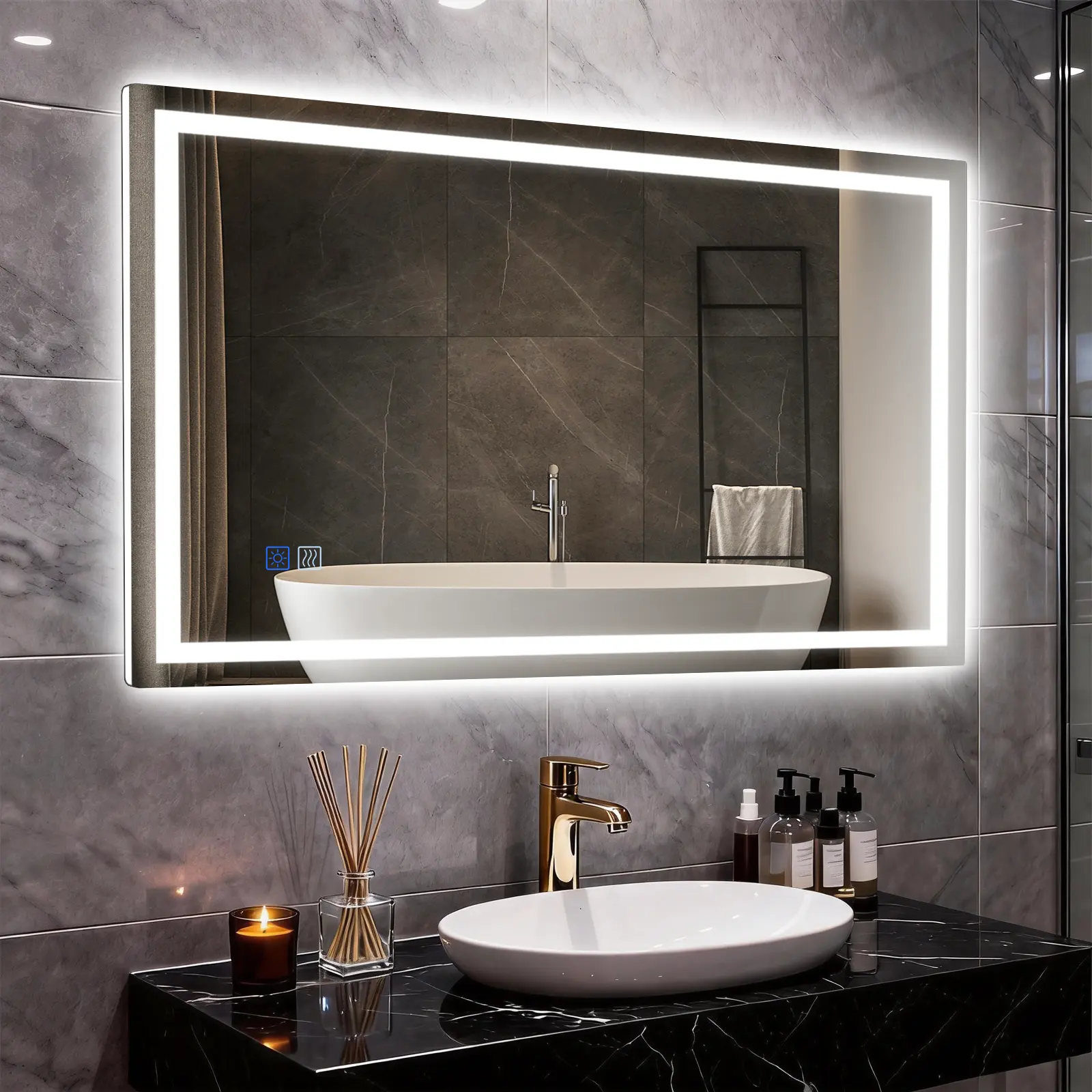 GLITGATE Dimmable Bathroom Mirror with Touch Control, Over Sink Bathroom Mirror, LED Bathroom Mirror with Lights, 3-Color Options, Wall Mounted, Defogging & Memory Timing Function, for Bedrooms, Closets, or Hallways, Tempered Glass