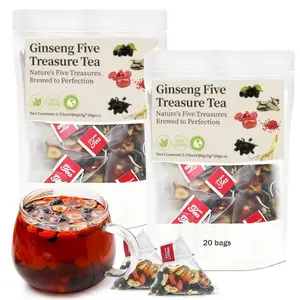 Ginseng Five Treasures Tea — Ginseng Six Treasures Cleansing Tea, infused with six precious ingredients: Maca, Red Dates, Goji Berries, Mulberries. Natural organic cleansing tea bags. Bamboo Root Five Treasures Tea (Unisex, 40 bags total)