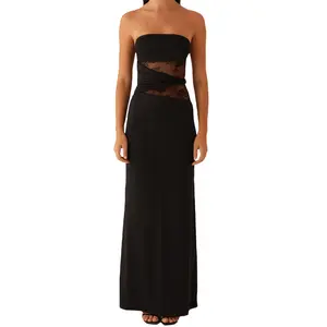 Women's Fashion Lady Tube Casual Polyester Summer Dress - Sheer Lace Patchwork, Sleeveless, Backless Bodycon Ankle-Length Clothes, Ideal for Outdoor Wear