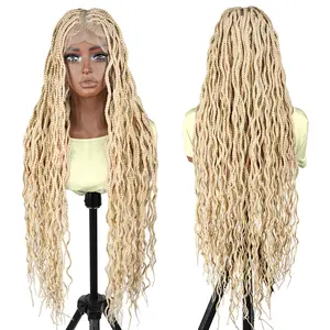 36" #613 Blonde Water Wave Knotless Box Braids Wig -Square Full Lace Design, Lightweight & Natural Looking, Protective Style Synthetic Hair By YMSGIRL Hair