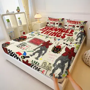 3Pcs Theme Collage Fitted Sheet Set, Colorful Hand-Drawn Design with Demogorgon Creatures, Fairy Lights & Nostalgic 1983 Elements, Perfect for Themed Bedrooms & Fans of 80s Sci-FiIncludes 2 Pillowcases, No Pillow Core