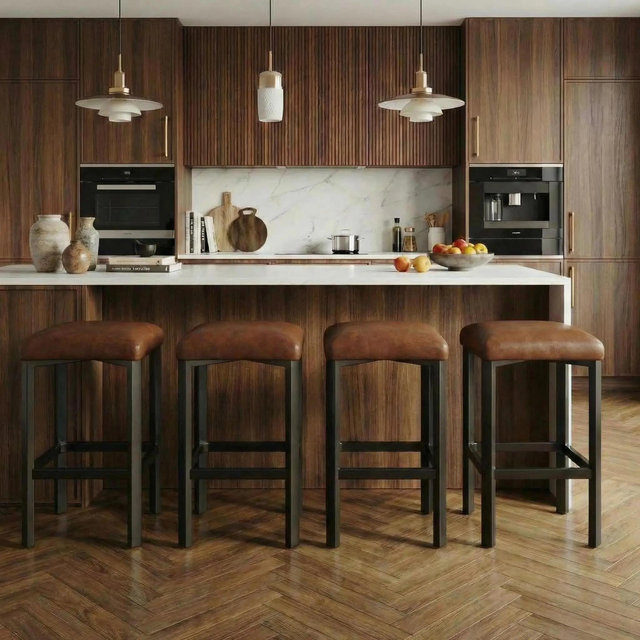 24" Counter Height Brown Bar Stools Set of 4, PU Leather Kitchen Chairs with 2" Thick Upholstery, Modern Heavy Duty Metal Frame Base, Easy Assembly for Kitchen Island, Bar Counter